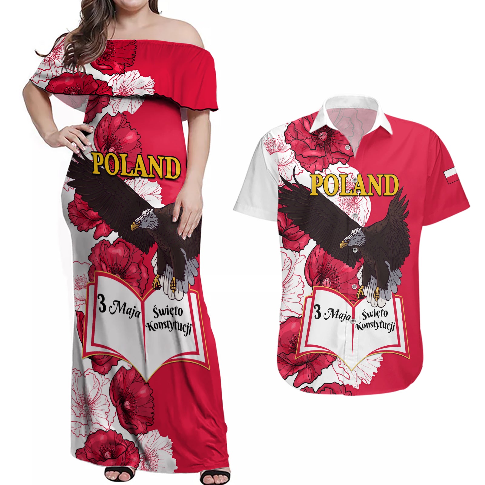 Poland Constitution Day 2024 Couples Matching Off Shoulder Maxi Dress and Hawaiian Shirt Polska Swieto Konstytucji 3 Maja - Wonder Print Shop