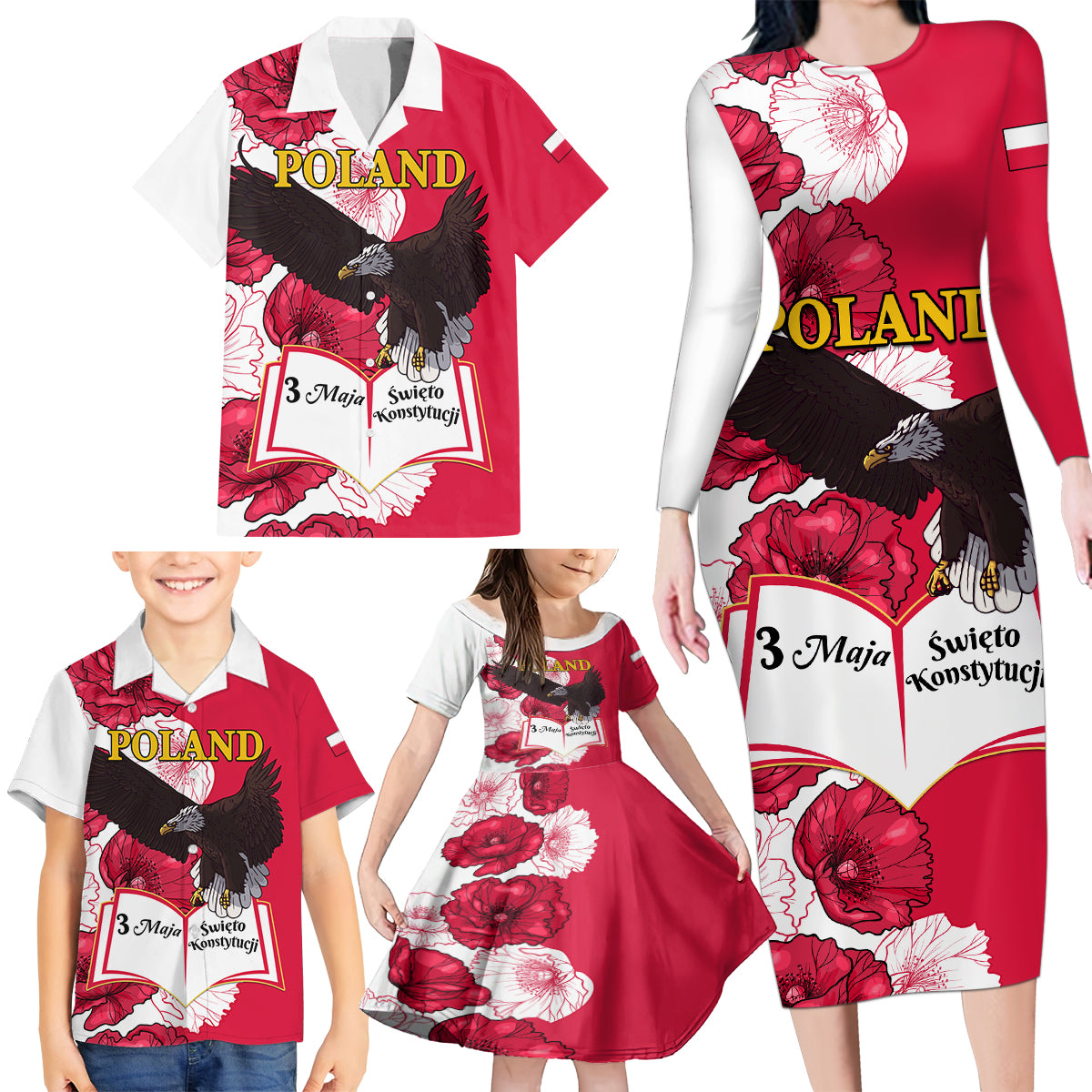 Poland Constitution Day 2024 Family Matching Long Sleeve Bodycon Dress and Hawaiian Shirt Polska Swieto Konstytucji 3 Maja - Wonder Print Shop