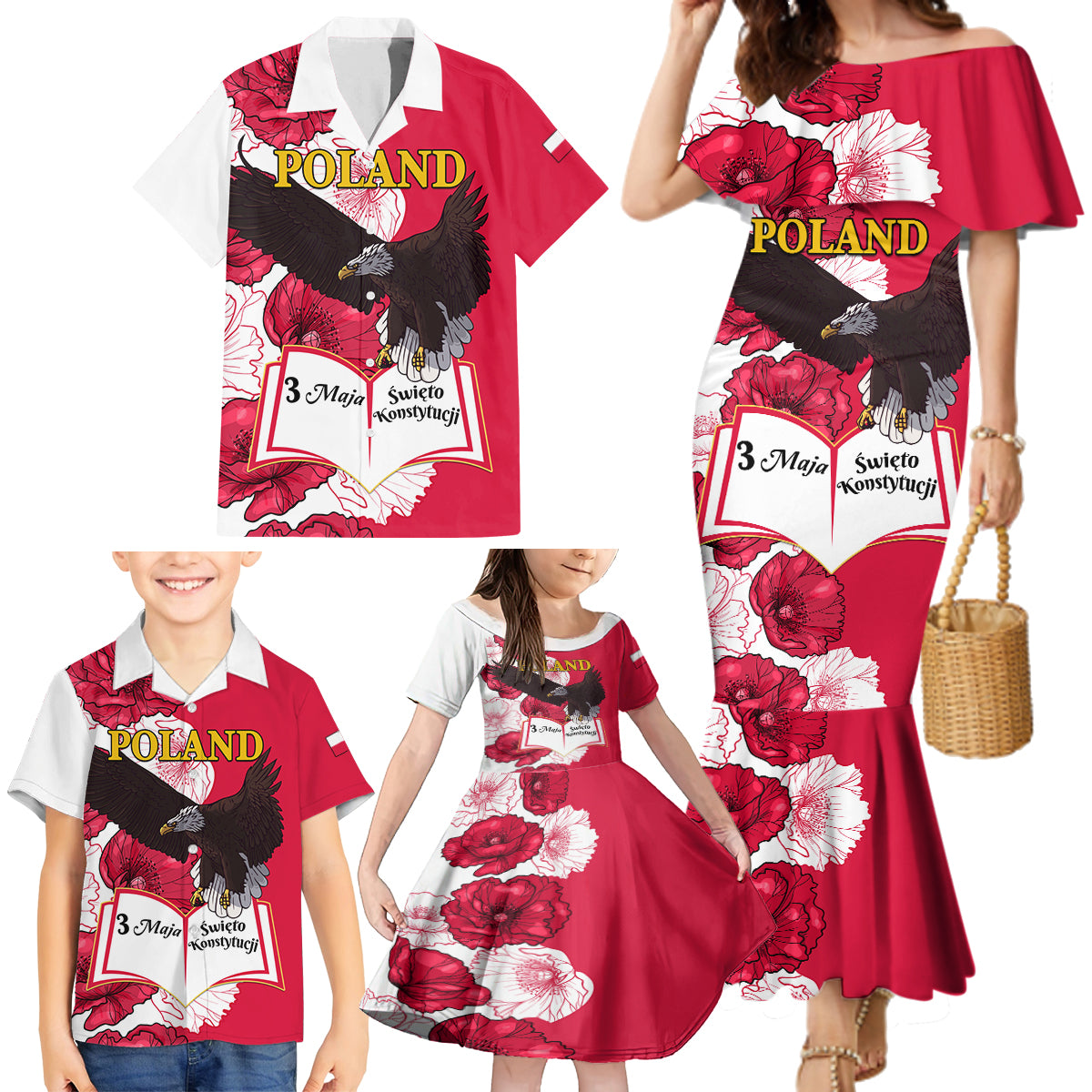 Poland Constitution Day 2024 Family Matching Mermaid Dress and Hawaiian Shirt Polska Swieto Konstytucji 3 Maja - Wonder Print Shop