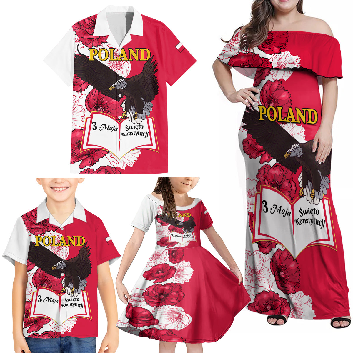 Poland Constitution Day 2024 Family Matching Off Shoulder Maxi Dress and Hawaiian Shirt Polska Swieto Konstytucji 3 Maja - Wonder Print Shop