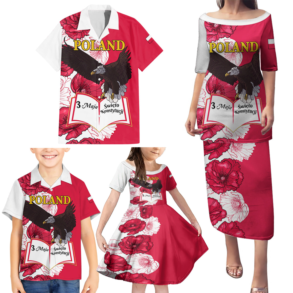 Poland Constitution Day 2024 Family Matching Puletasi and Hawaiian Shirt Polska Swieto Konstytucji 3 Maja - Wonder Print Shop