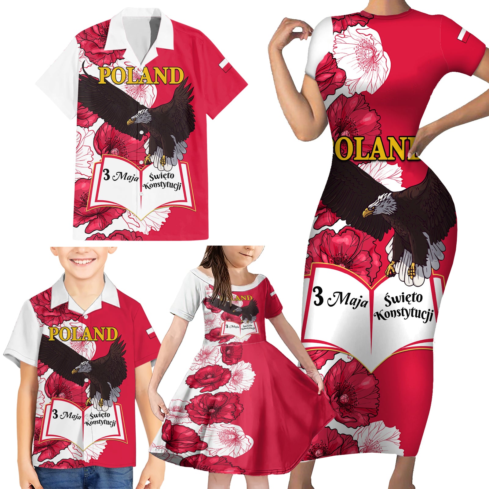 Poland Constitution Day 2024 Family Matching Short Sleeve Bodycon Dress and Hawaiian Shirt Polska Swieto Konstytucji 3 Maja - Wonder Print Shop