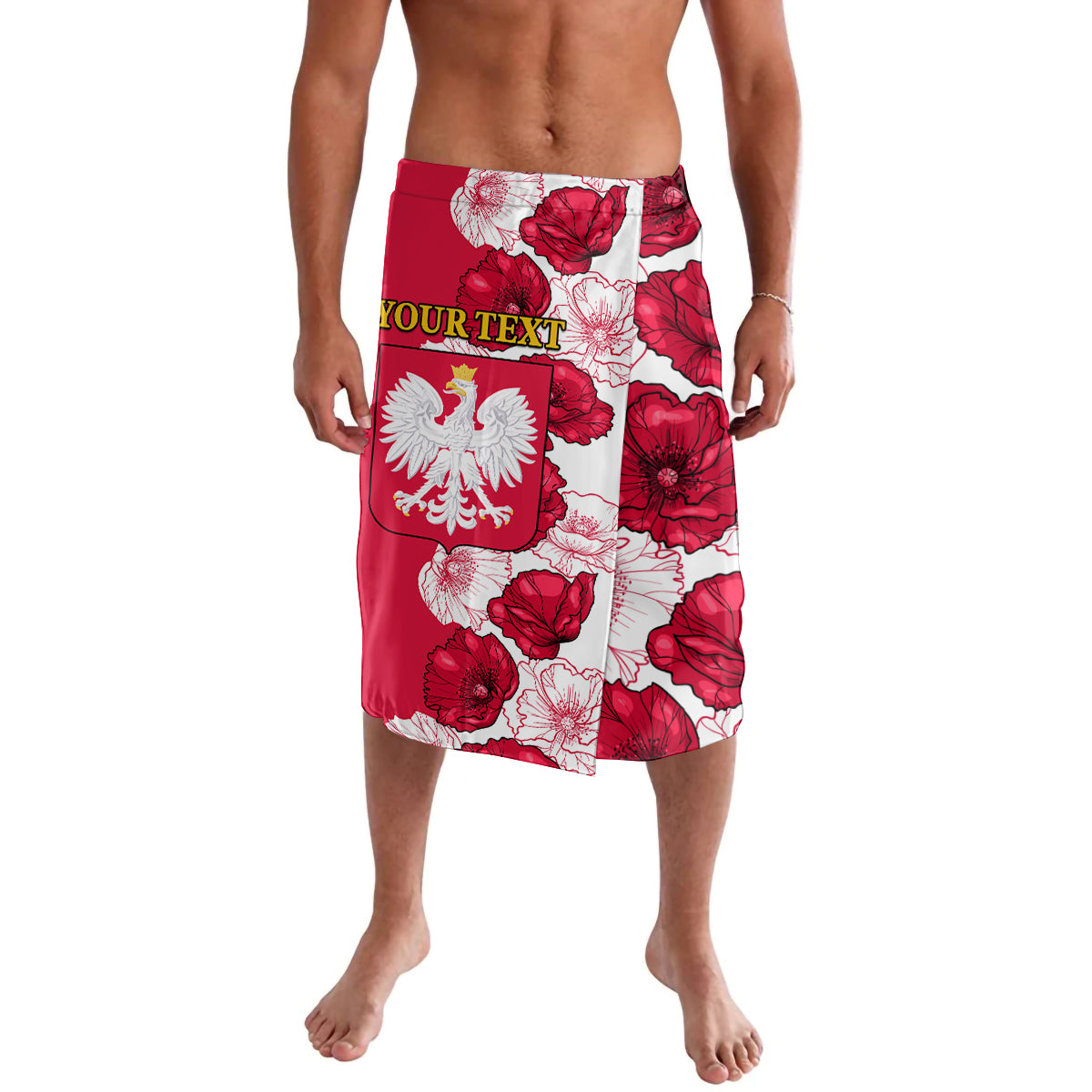 Red and white floral shorts with Polish eagle crest and text panel
