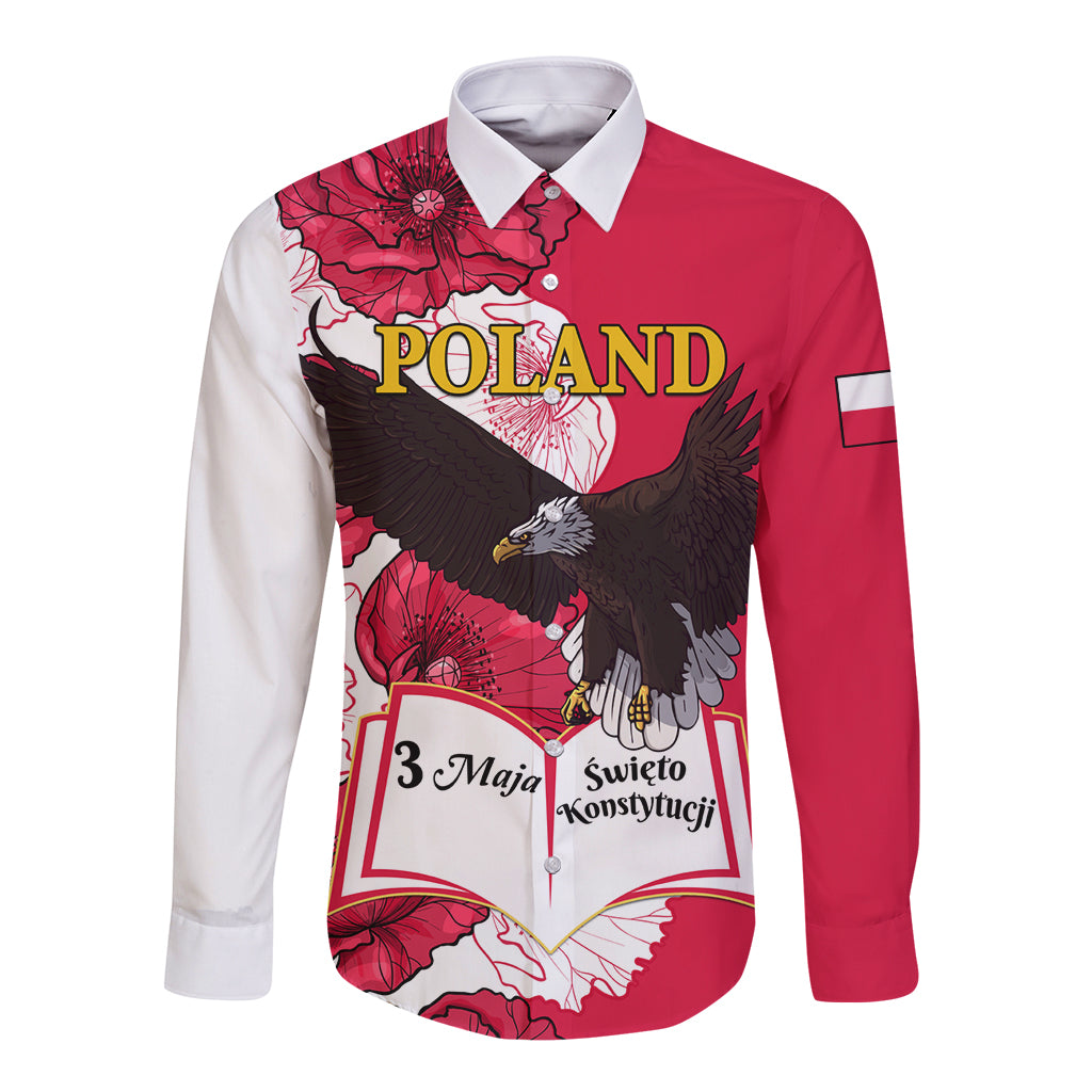 Red long-sleeve button shirt with white collar, Poland eagle and 3 Maja text