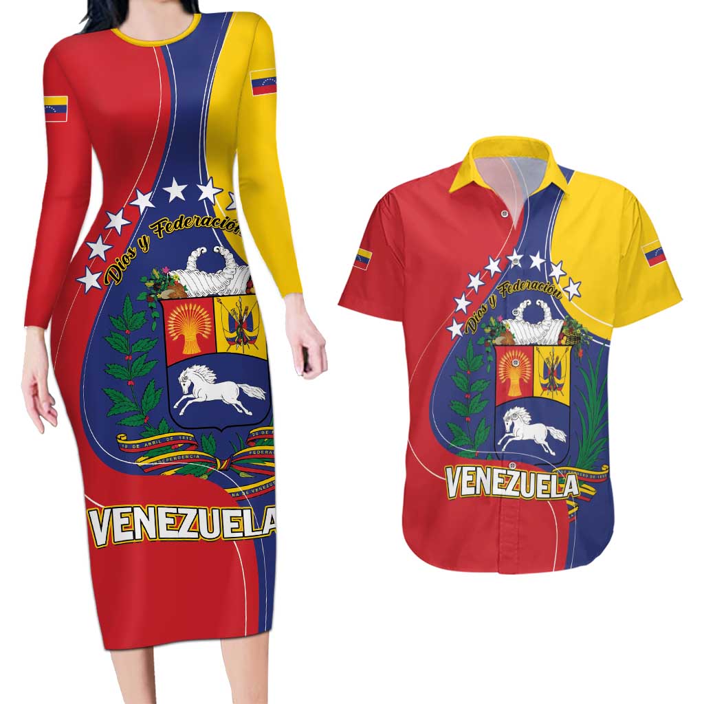 Personalized Venezuela Couples Matching Long Sleeve Bodycon Dress and Hawaiian Shirt Coat Of Arms Curve Style