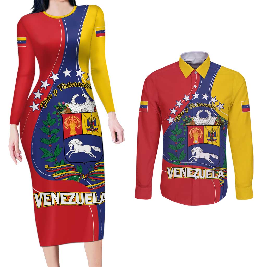 Personalized Venezuela Couples Matching Long Sleeve Bodycon Dress and Long Sleeve Button Shirt Coat Of Arms Curve Style