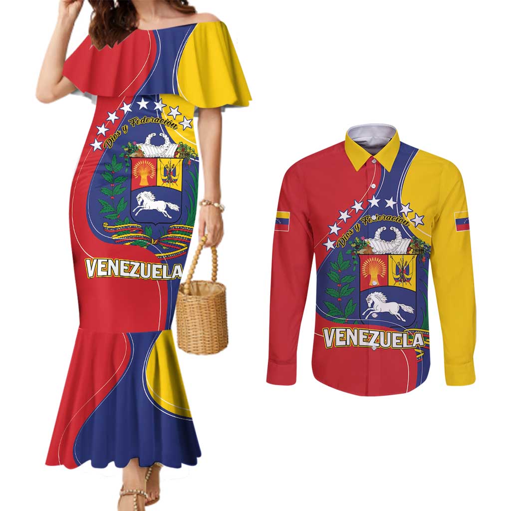 Personalized Venezuela Couples Matching Mermaid Dress and Long Sleeve Button Shirt Coat Of Arms Curve Style