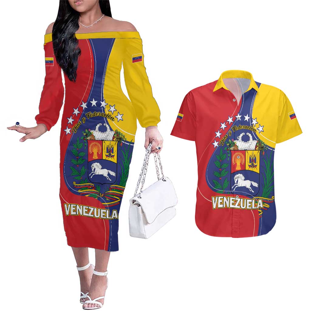 Personalized Venezuela Couples Matching Off The Shoulder Long Sleeve Dress and Hawaiian Shirt Coat Of Arms Curve Style