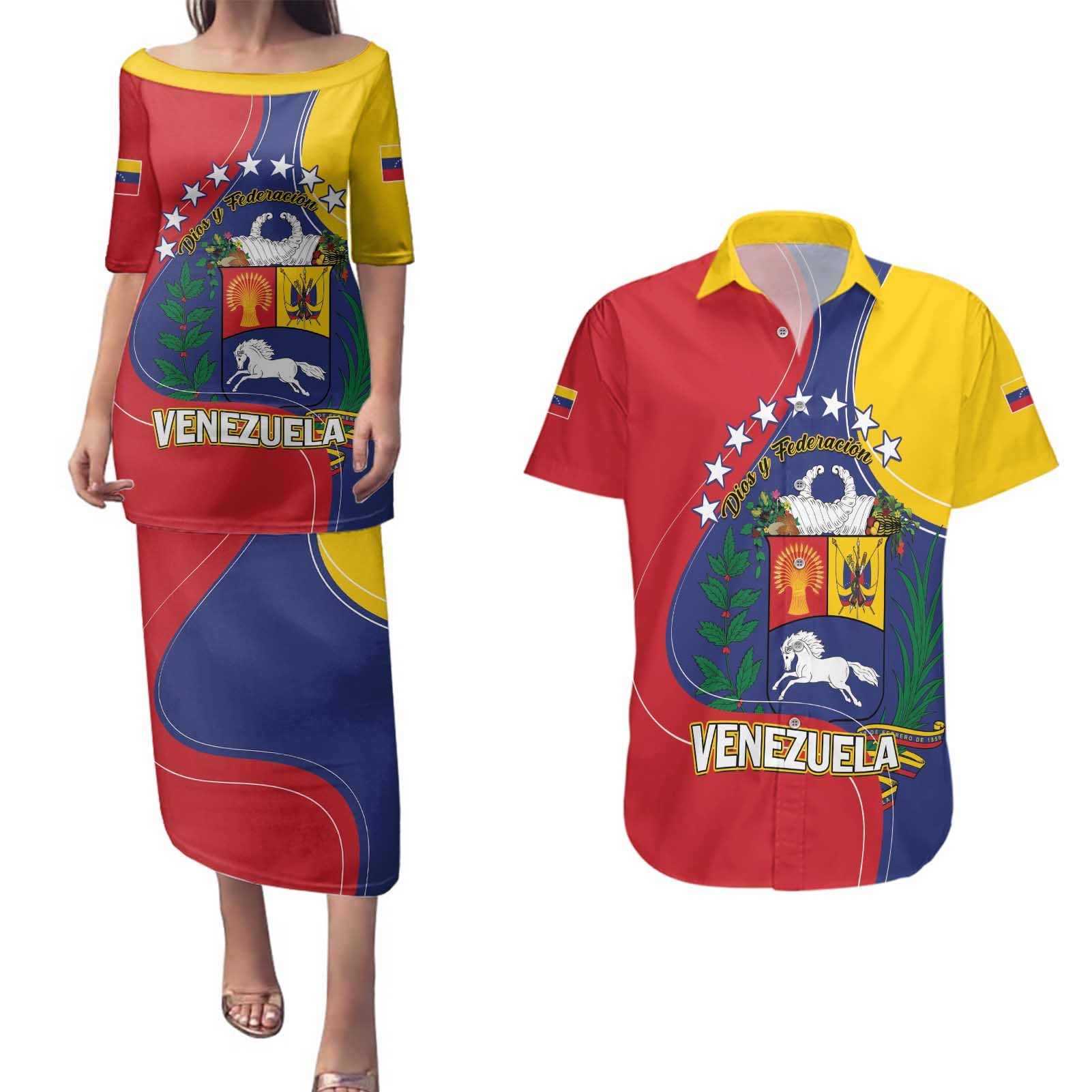 Personalized Venezuela Couples Matching Puletasi and Hawaiian Shirt Coat Of Arms Curve Style