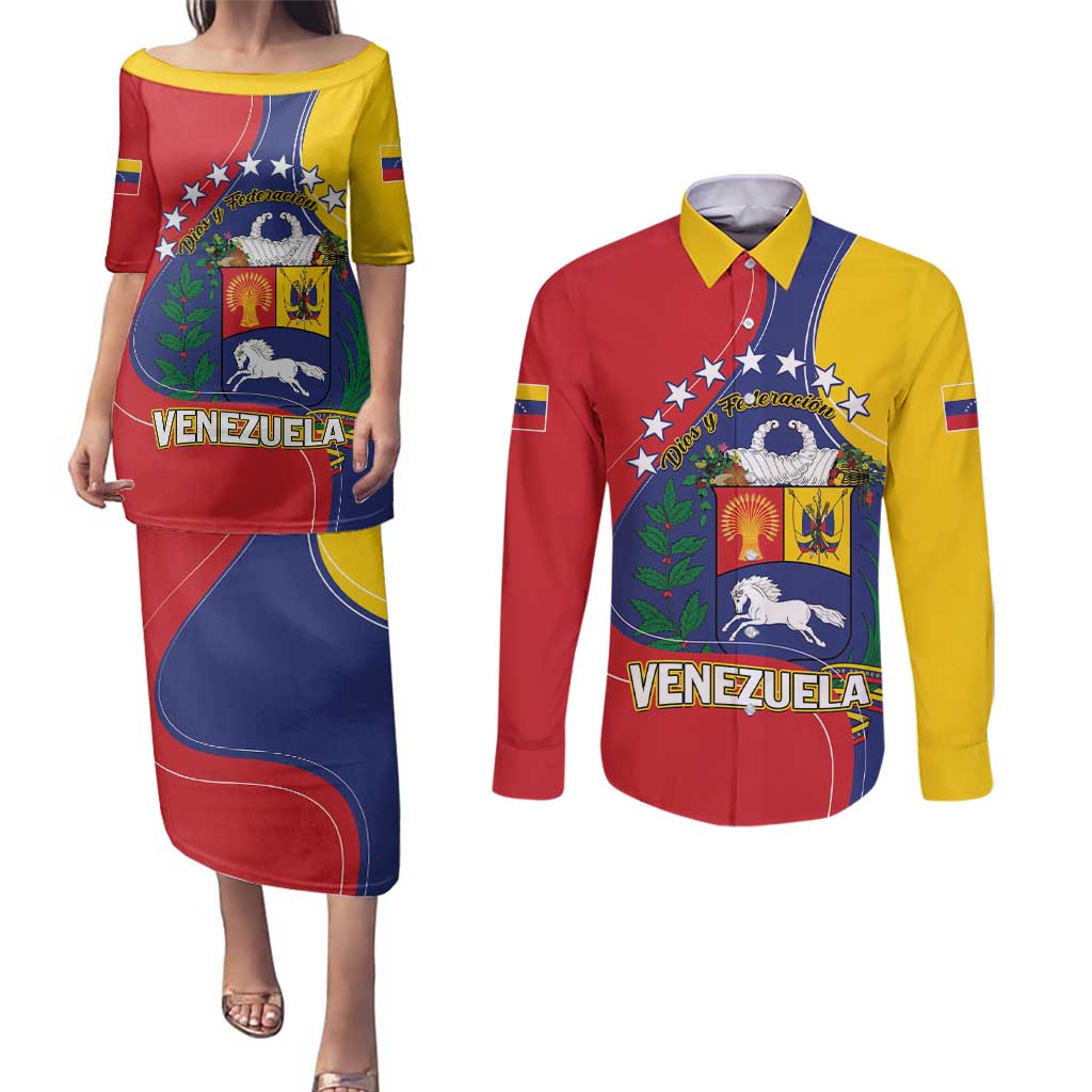 Personalized Venezuela Couples Matching Puletasi and Long Sleeve Button Shirt Coat Of Arms Curve Style