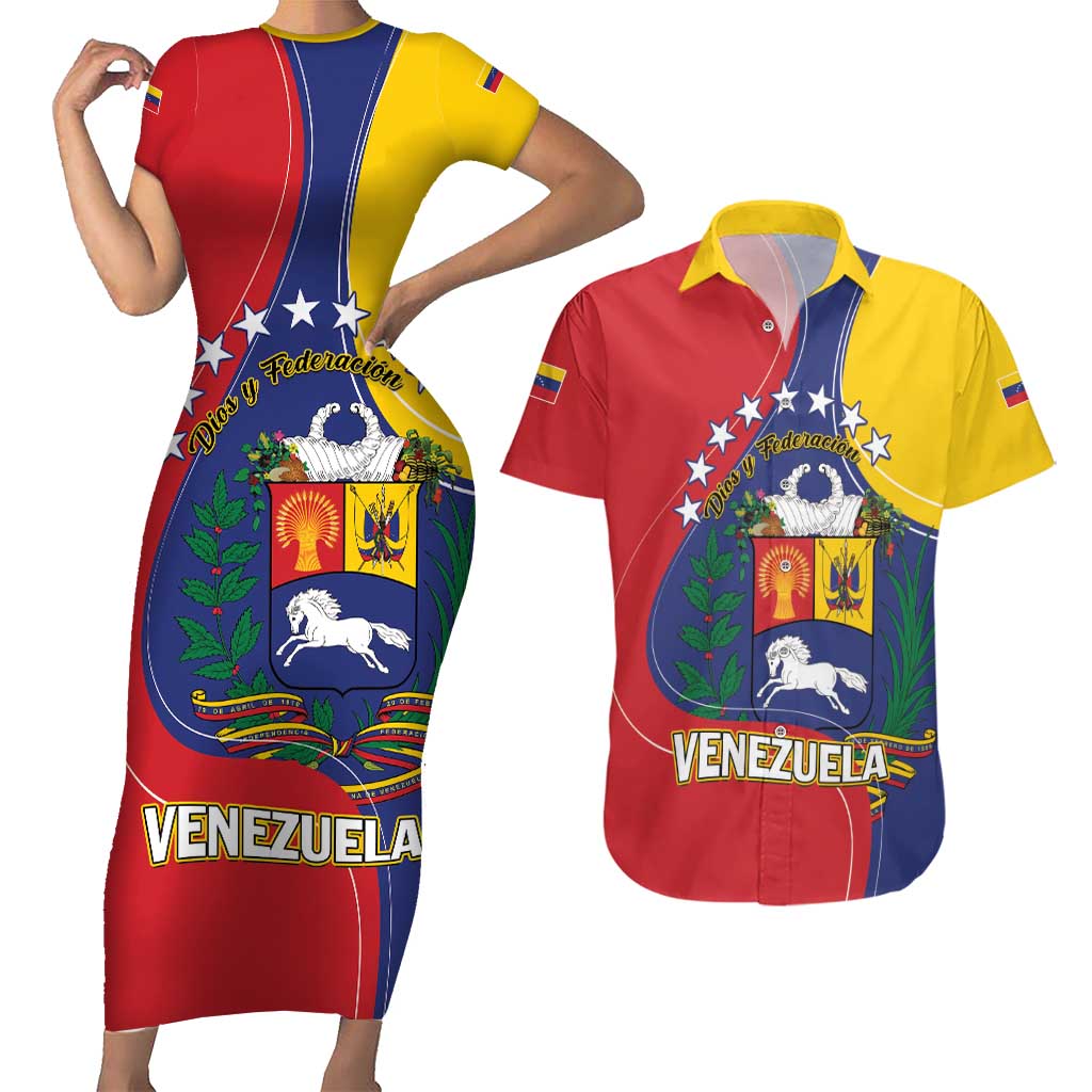 Personalized Venezuela Couples Matching Short Sleeve Bodycon Dress and Hawaiian Shirt Coat Of Arms Curve Style