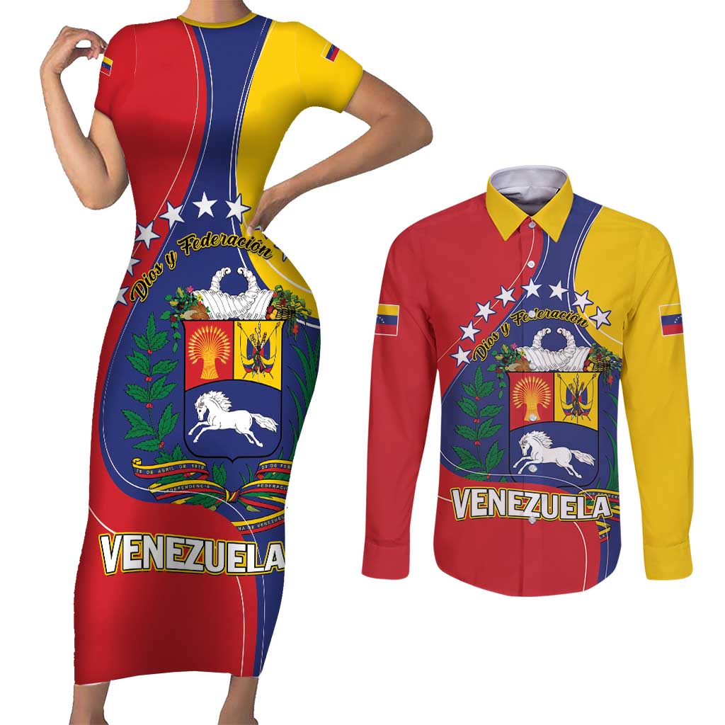 Personalized Venezuela Couples Matching Short Sleeve Bodycon Dress and Long Sleeve Button Shirt Coat Of Arms Curve Style