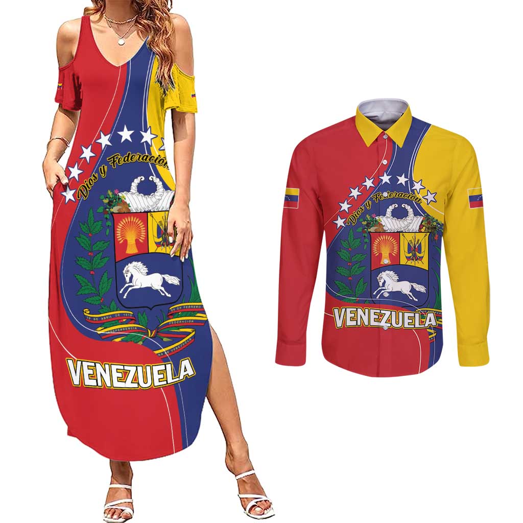 Personalized Venezuela Couples Matching Summer Maxi Dress and Long Sleeve Button Shirt Coat Of Arms Curve Style