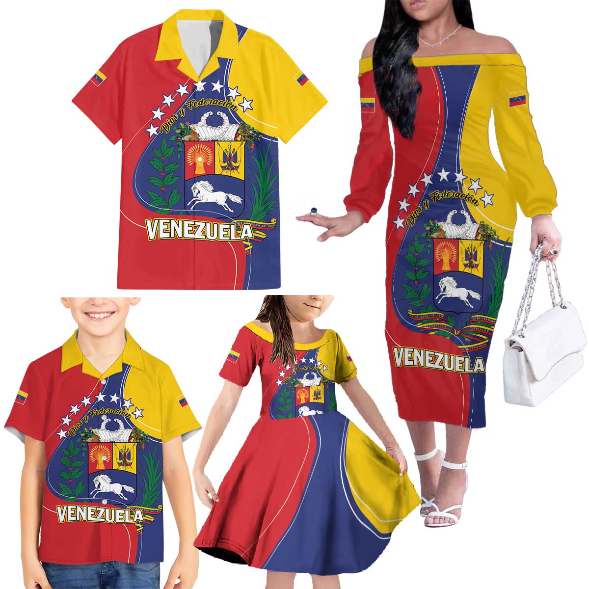 Personalized Venezuela Family Matching Off The Shoulder Long Sleeve Dress and Hawaiian Shirt Coat Of Arms Curve Style