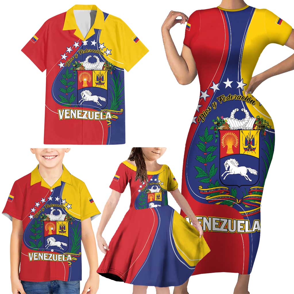 Personalized Venezuela Family Matching Short Sleeve Bodycon Dress and Hawaiian Shirt Coat Of Arms Curve Style