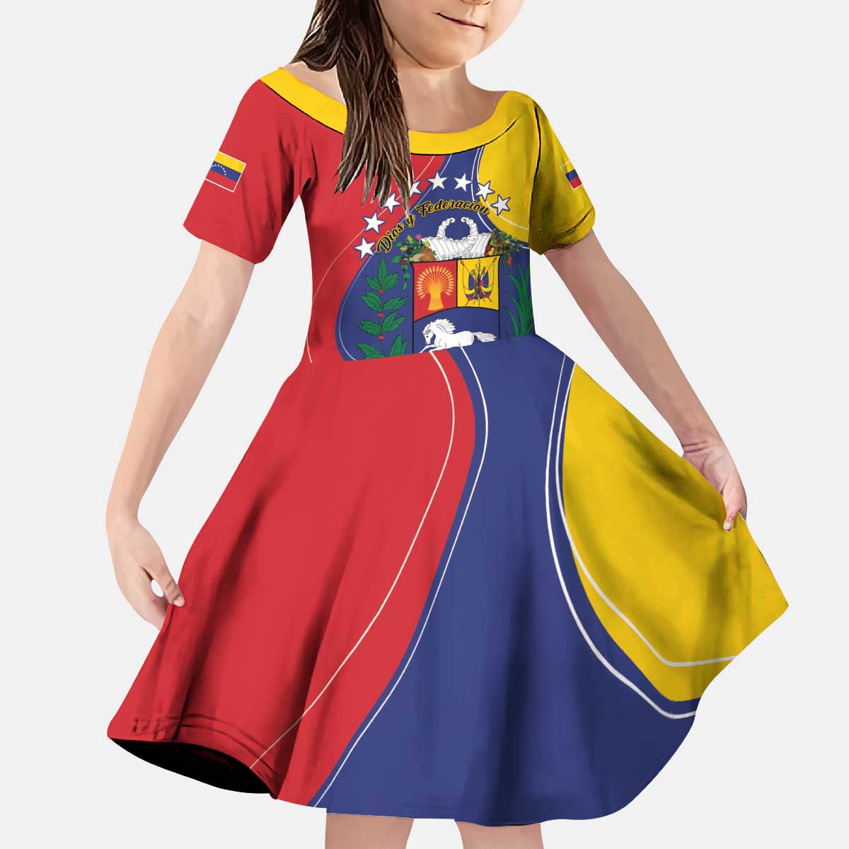 Personalized Venezuela Kid Short Sleeve Dress Coat Of Arms Curve Style