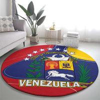 Round Venezuela coat of arms rug with shield, white lion, stars, and 'VENEZUELA' text