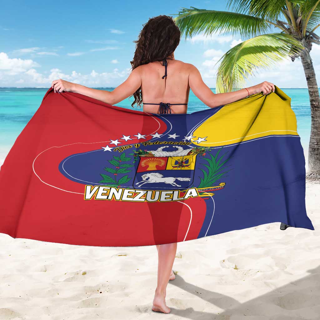 Venezuela flag sarong coat draped over shoulders with crest and bold red/navy/yellow curves