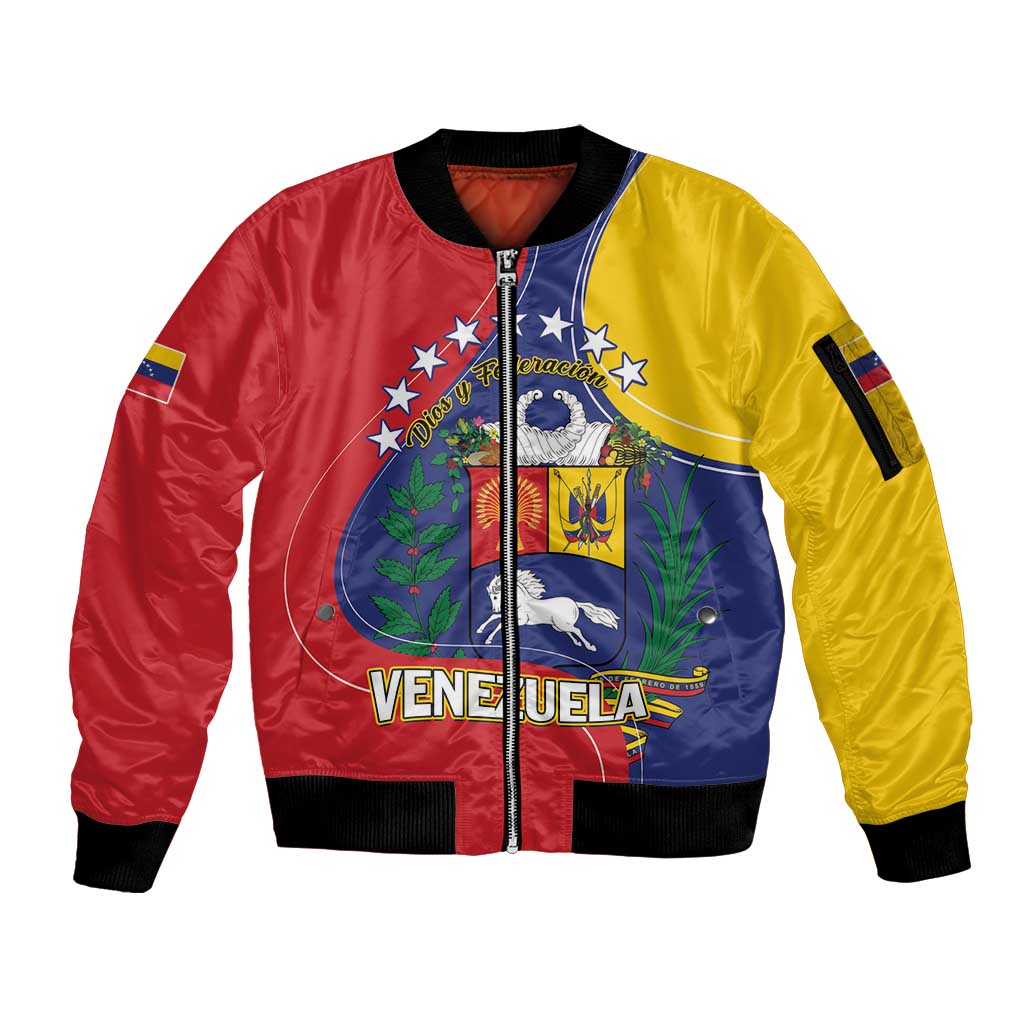 Personalized Venezuela Sleeve Zip Bomber Jacket Coat Of Arms Curve Style