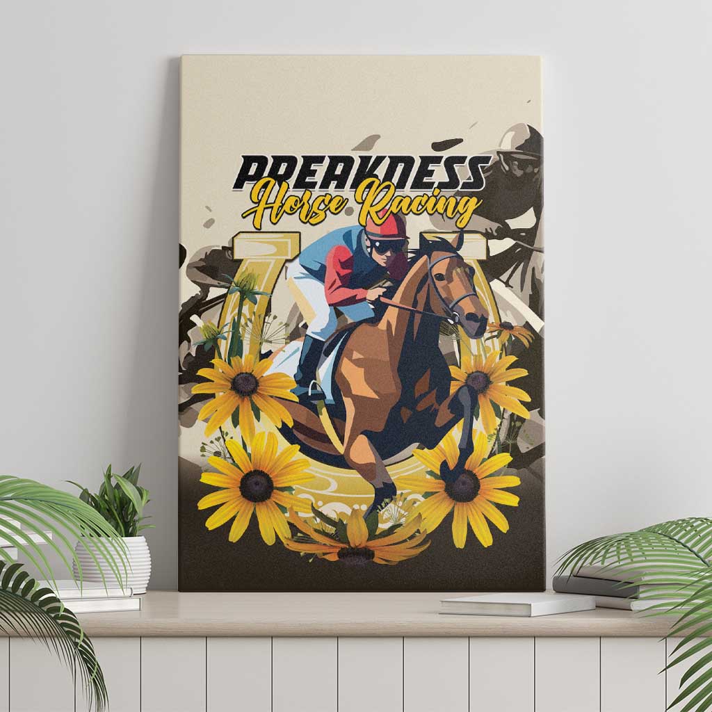 Canvas wall art of horse rider with yellow daisies and Preakness Horse Racing typography