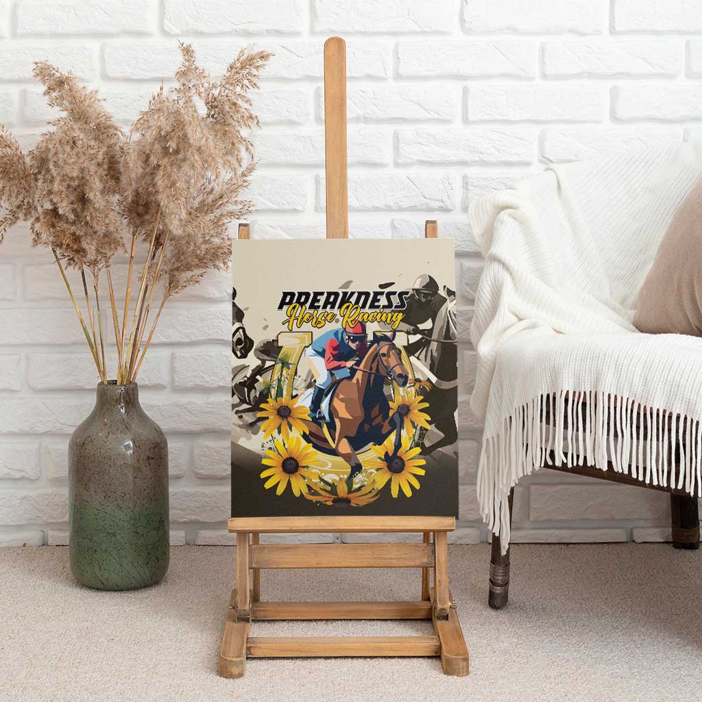 Canvas wall art on easel showing horse rider with yellow daisies and Preakness Horse Racing