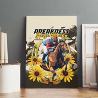 Framed canvas wall art of horse rider with yellow daisies and Preakness Horse Racing text
