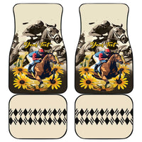 Set of car mats with horse and yellow flowers, black border, 'Your text' panel