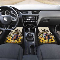 Car floor mats with horse racing scene and yellow flower design on beige, front view