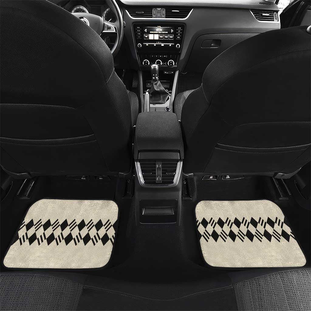Car floor mats with beige diamond pattern and black border, rear view