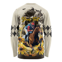 Unisex long-sleeve shirt, light cream, back horse graphic with Your Texts and sunflowers
