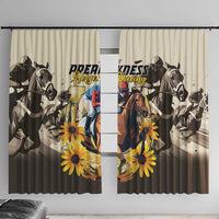 Horse racing window curtain set with horses and bright yellow sunflowers on dark fabric