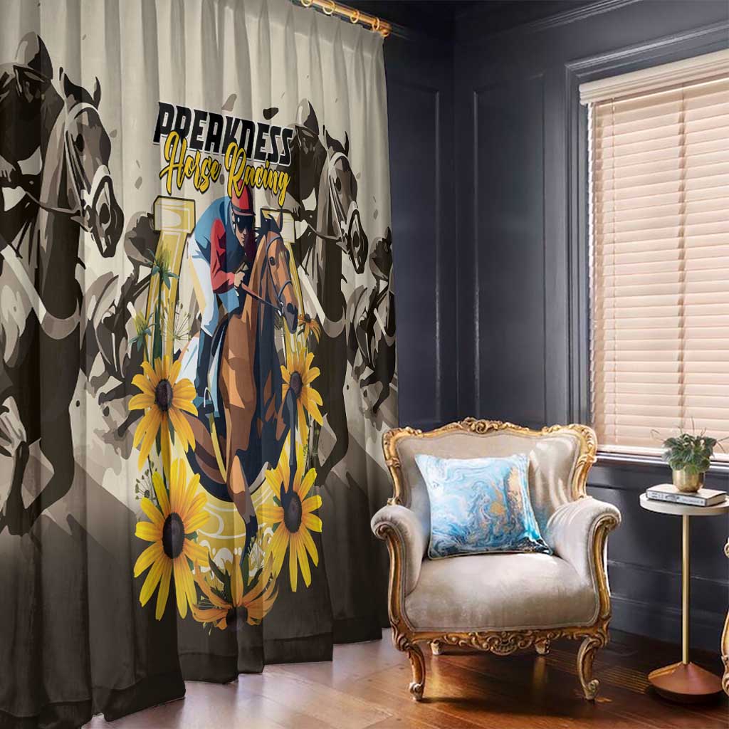Horse racing window curtain with horse rider graphic and yellow daisy-like flowers