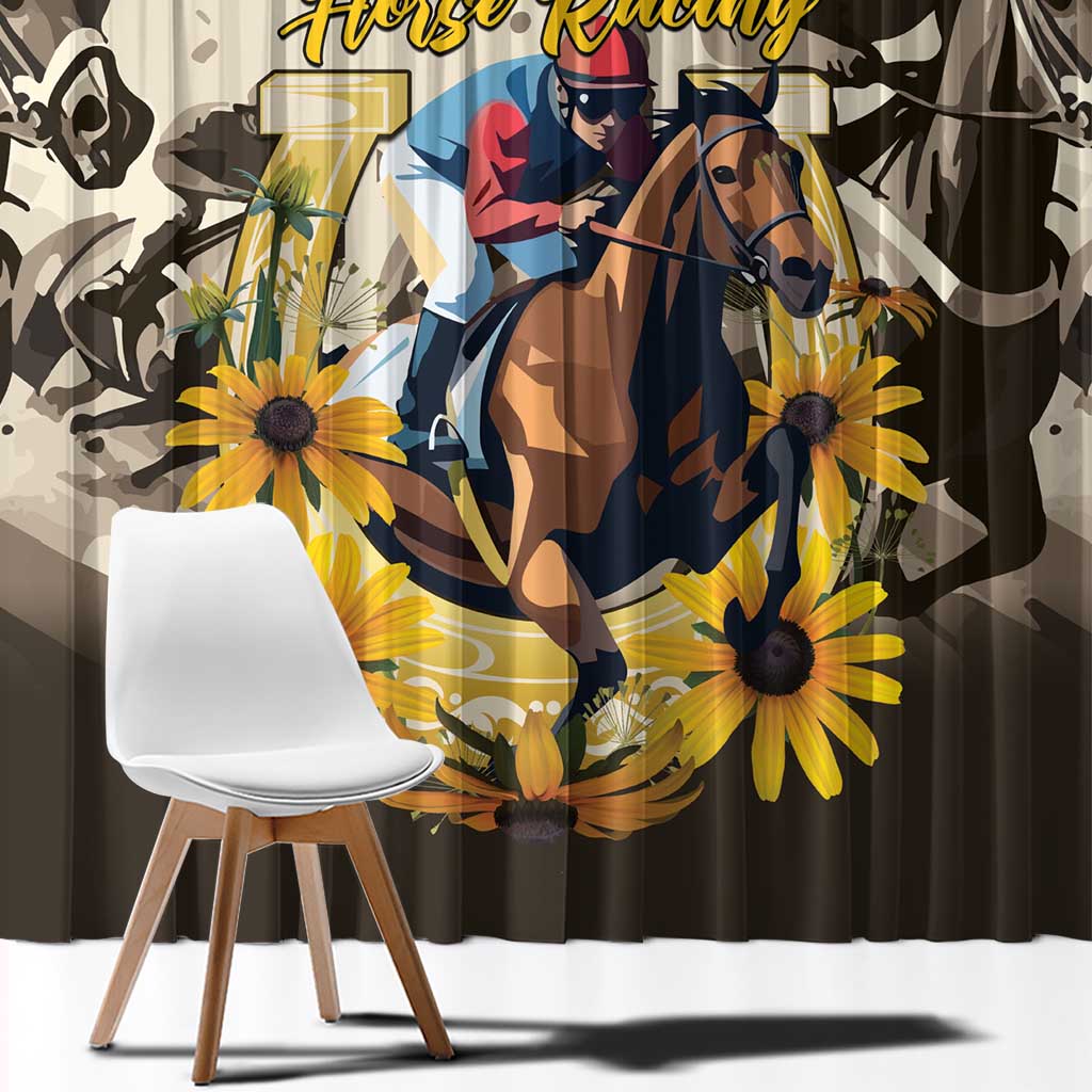 Horse racing window curtain close-up with yellow sunflower print and horse rider artwork