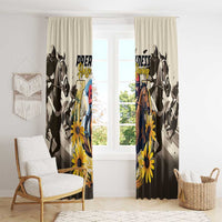 Horse racing window curtain set with black horses and bold yellow flowers