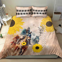 Yellow horse racing duvet set with two pillowcases featuring sunflowers and black diamond pattern
