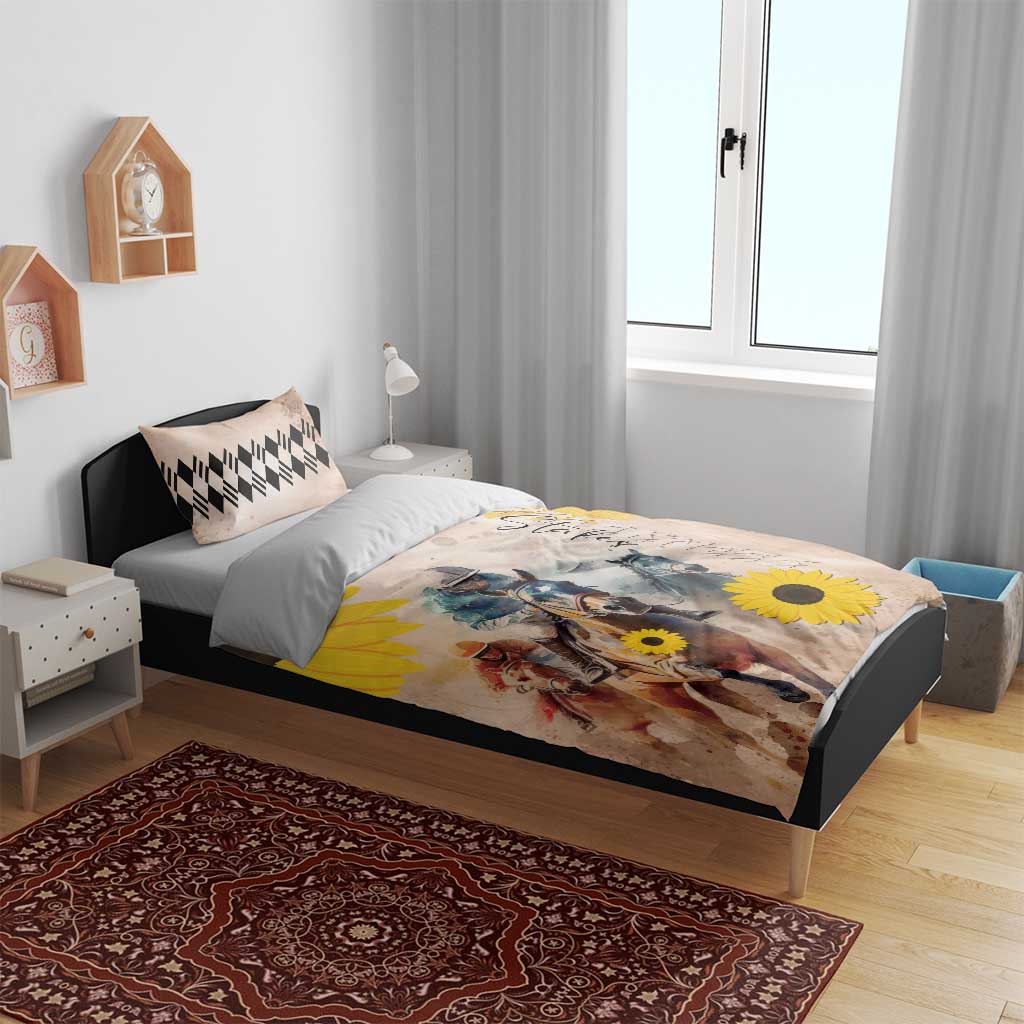 Yellow horse racing comforter set with two pillowcases; sunflowers over horse scene
