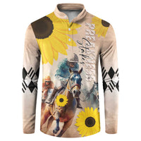 Front button sweatshirt with blue-horse jockey art, yellow sunflowers, argyle sleeves
