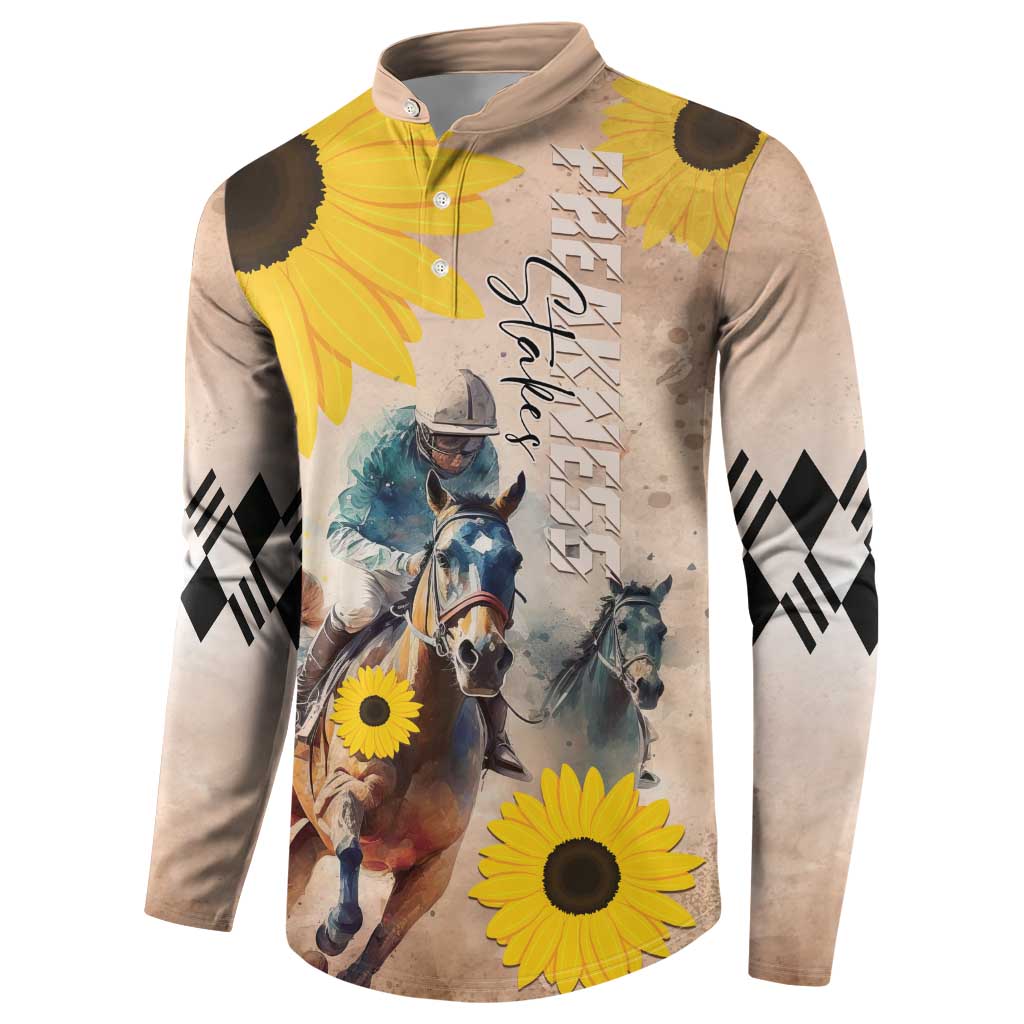 Yellow sunflower and horse racing graphic button sweatshirt with argyle sleeve panels