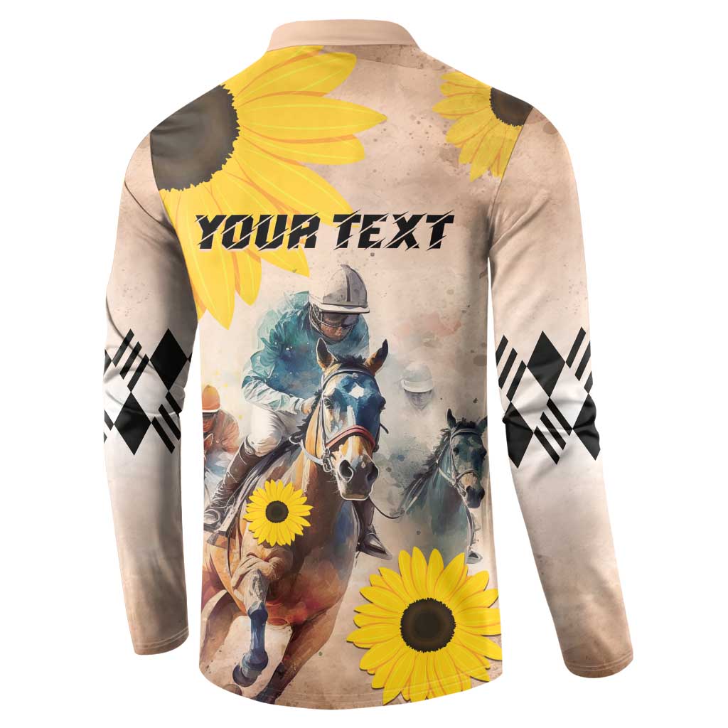 Back button sweatshirt: 'YOUR TEXT' with sunflower horse racing graphic and argyle sleeves