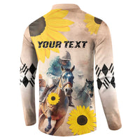 Back button sweatshirt: 'YOUR TEXT' with sunflower horse racing graphic and argyle sleeves