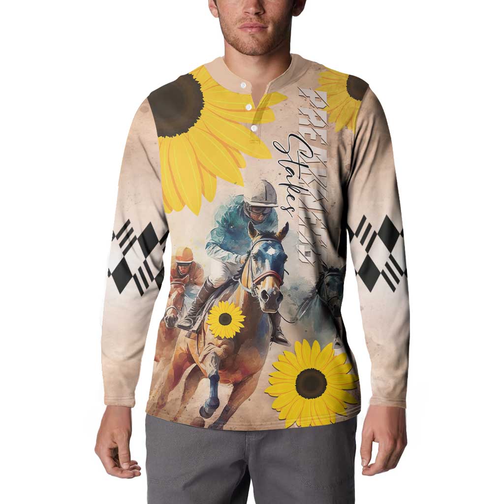 Button sweatshirt on model with horse and jockey print, yellow sunflowers, black-and-white argyle