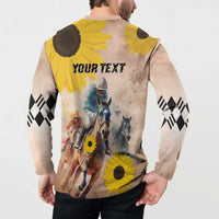 Back button sweatshirt with sunflower horse racing artwork and black argyle sleeve panels