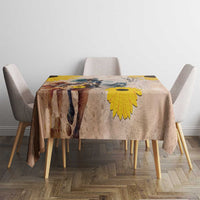 Beige round tablecloth featuring yellow sunflower and horse-racing motif