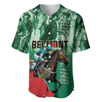 Green horse racing baseball jersey with BELMONT graphic and button-front short sleeves