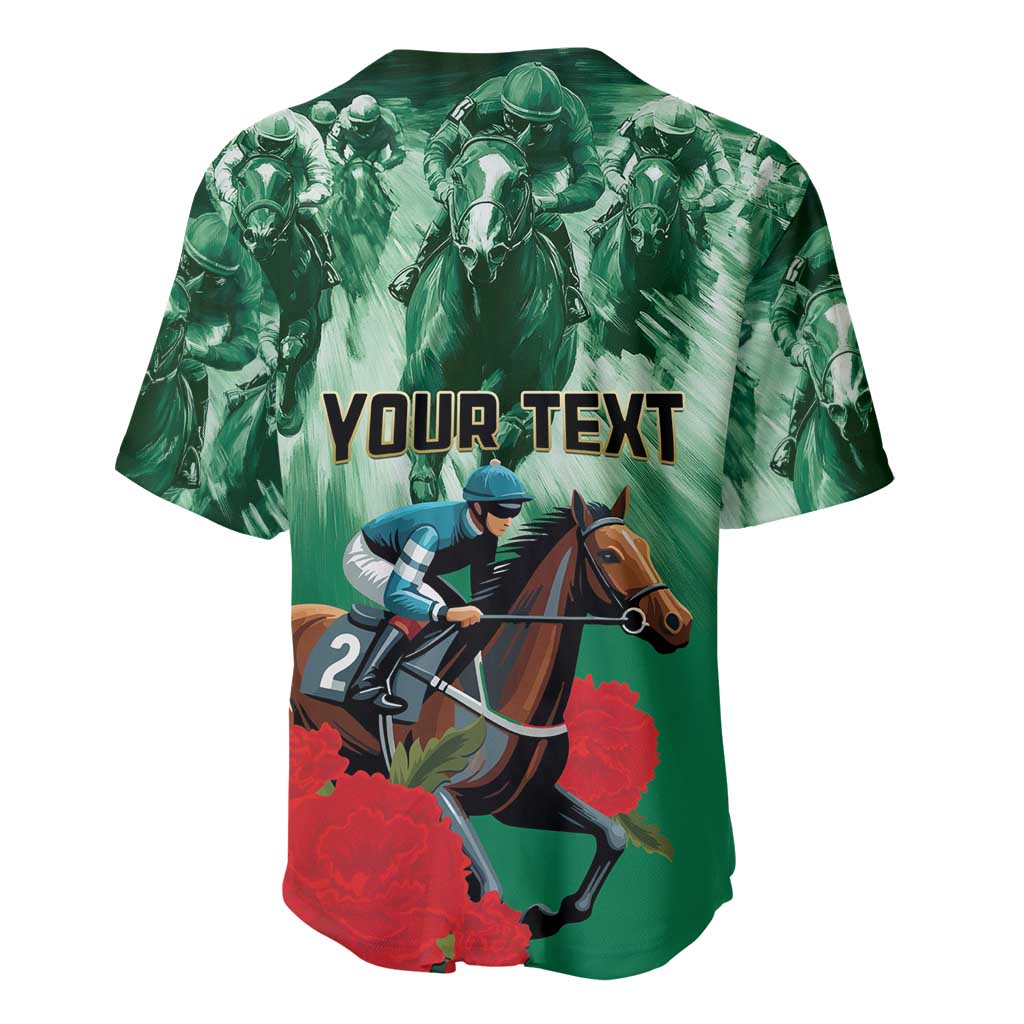 Green horse racing baseball jersey with YOUR TEXT over rider and horse illustration