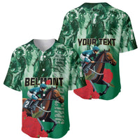Two green horse racing baseball jerseys: BELMONT and YOUR TEXT designs, short sleeves