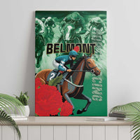 Green horse race canvas wall art featuring jockey and brown horse, “BELMONT” text