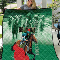 Green quilt with diamond stitching, horse rider graphic and bold 'BELMONT' text