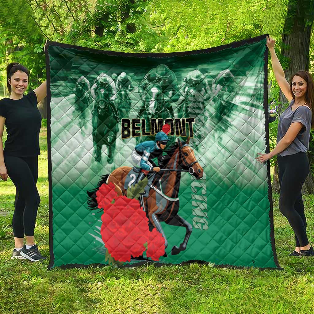 Green horse racing quilt shown laid flat outdoors, with rider, horse, and 'BELMONT' text