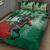 Green horse racing quilt bed set with centered rider and horse, red floral accent, quilted pattern